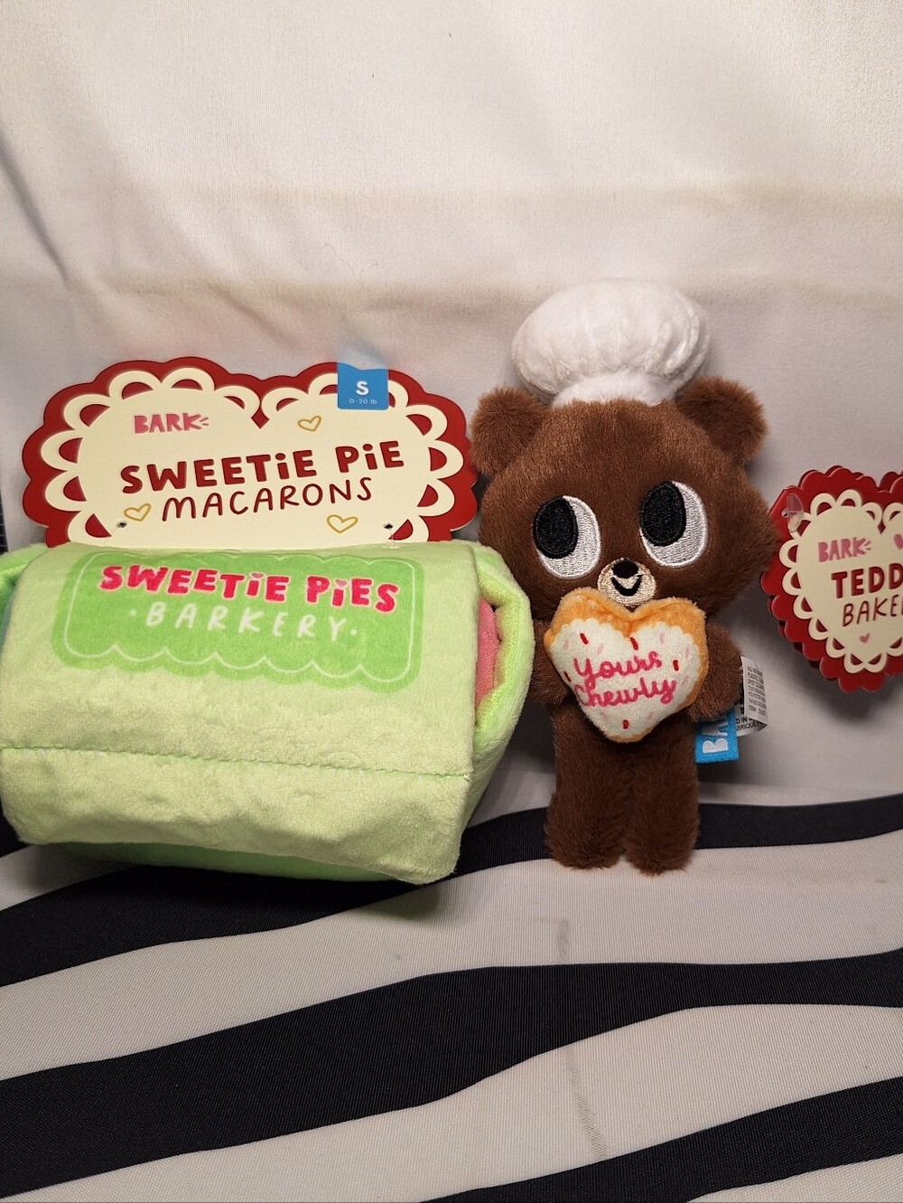 NWT Bark Sweetie Pie Macarons and Teddy Baker Dog Toys, 2 Pack, S